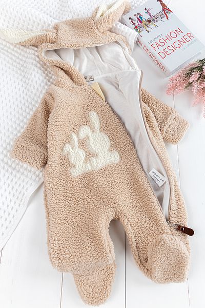 Babymod Welsoft Plush Winter Rabbit Embroidered Hooded Baby Jumpsuit