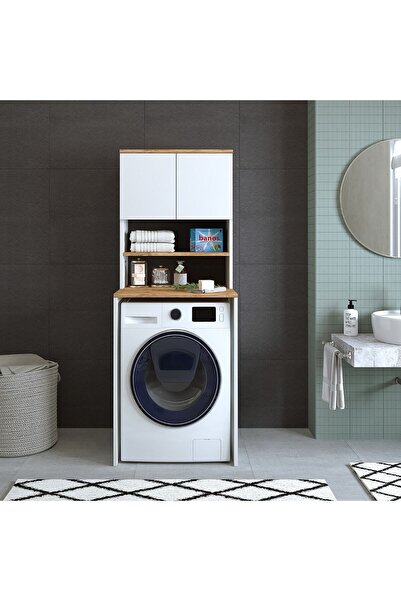 ROOMART Cd9 Çamaşır-kurutma Makinesi Dolabı 3 Raflı 2 Kapaklı Banyo Dolabı Mat Beyaz-ahşap 1712