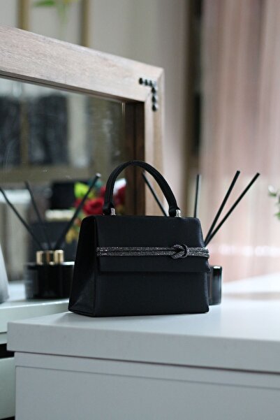 Moom Bag Γυναικεία τσάντα ώμου βραδινό φόρεμα με λεπτομέρεια από σατέν μαύρη πέτρα