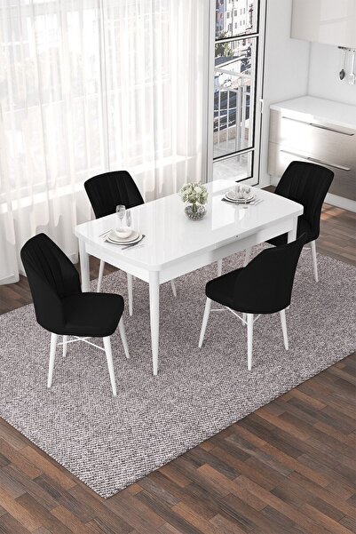 Canisa Nef Serisi 70x114, Açılabilir Mdf Yemek Masası Takımı, Beyaz Masa Ve 4...