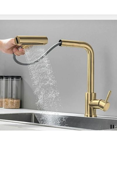 İSAOĞLU YAPI Matte Gold Spiral - Kitchen Faucet with Waterfall Flow Function
