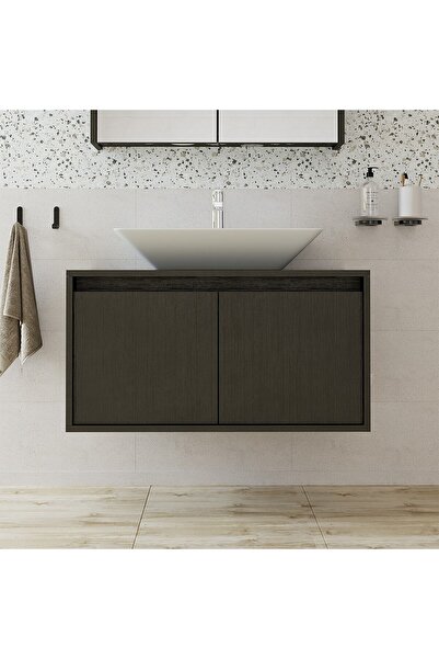 ROOMART Ayaksız 2 Kapaklı Lavabolu Ahşap Siyah Suntalam 85 Cm Banyo Dolabı