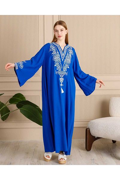 Eceyaman moda women's blue and white sleeves and collar embroidery detailed Battal plus size dress