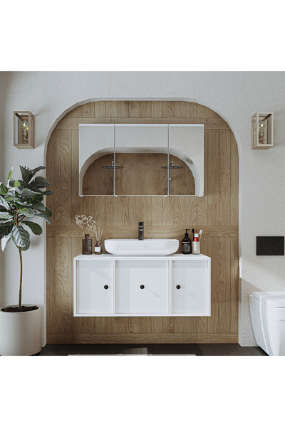 ROOMART Lavabolu Mat Mdf 105 Cm Çekmeceli Banyo Dolabı + Aynalı Üst Dolabı