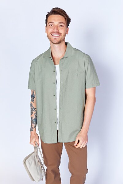 MAN EDITION Χακί Χρώμα Κοντό μανίκι 100% Βαμβακερό Πουκάμισο - Ee 100129280 -9280