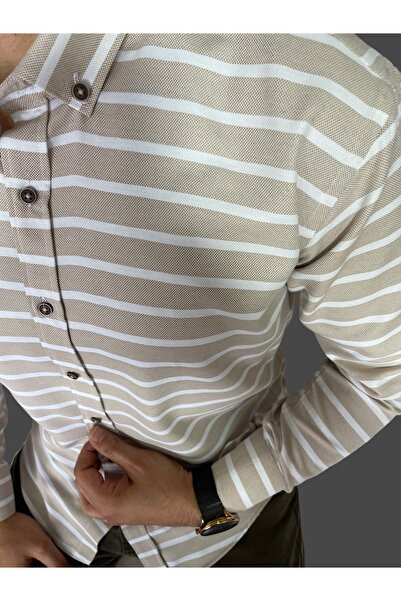 buhara giyim Bej Rengi Beyaz Desenli Yumuşak Kumaş Kahve Düğmeli Slimfit Gömlek
