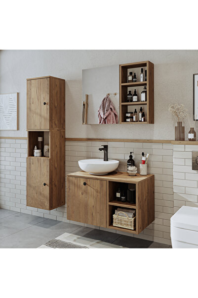 ROOMART Lavabolu Mdf 75 Cm Lotus Çekmeceli Banyo Dolabı + Aynalı Üst Dolabı + Banyo Boy Dolabı