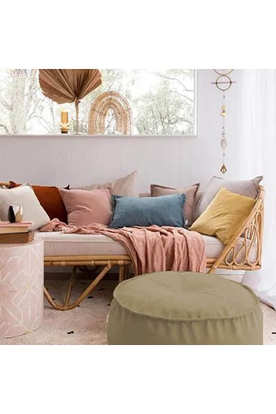 In House Round Decorative Linen Bean Bag - 70x25 cm - Light Beige