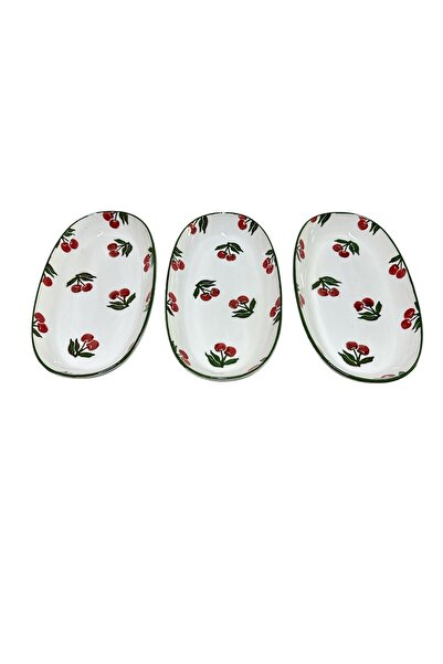 MTD SERAMİK 27 cm Cherry Patterned Oval Boat Plate - 3 Pieces