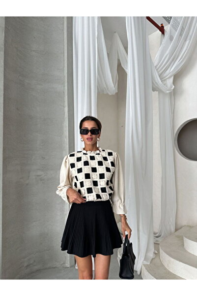 jöns since 1997 Linen Women's Blouse - Solid Color, Checkered Embroidery