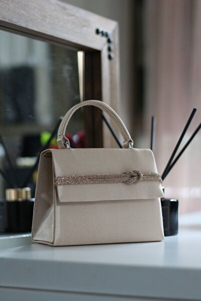 Moom Bag Women's Satin Beige Stone Stripe Detailed Evening Shoulder Bag