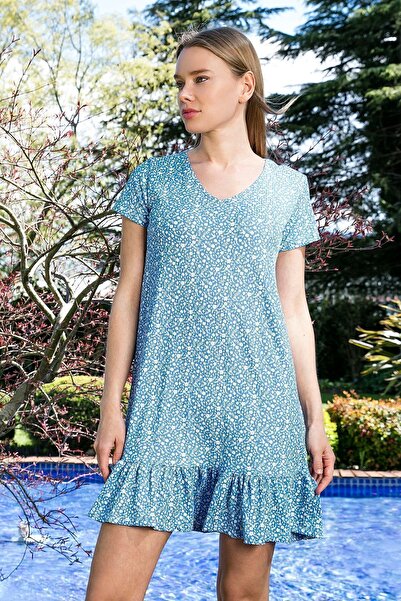 Lela Çiçekli Yuvarlak Yaka Fırfır Detaylı Mini Elbise Bayan Elbise