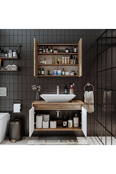 ROOMART Tm7.2 Ayaksız 2 Kapaklı Lavabolu Ahşap-mat Beyaz Mdf 85 Cm Banyo Dolabı+aynalı Üst Dolabı