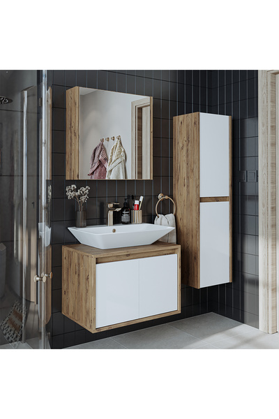 ROOMART Roomarttm7.3 Lavabolu Ahşap-mat Beyaz Mdf 65 Cm Banyo Dolabı+aynalı Üst Dolabı+ Boy Dolabı