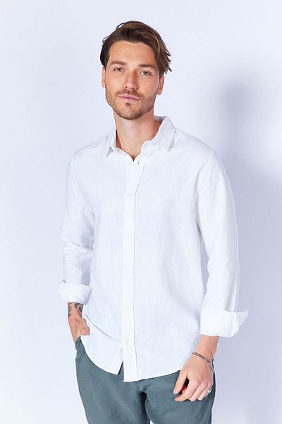 MAN EDITION Relaxed Fit White Linen-Cotton Long Sleeve Shirt Ee100128040-8040