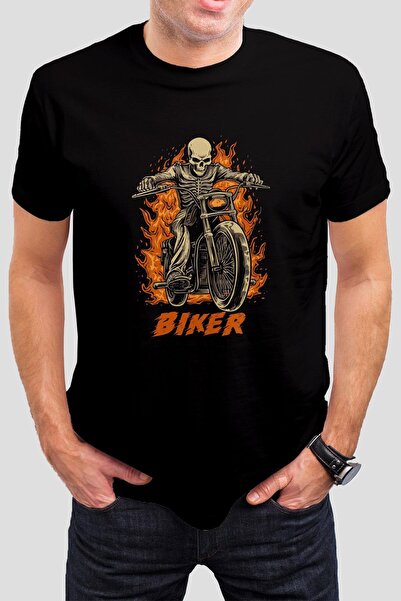 T-35 Kuru Kafa Motorcu Baskılı Siyah Unisex Tişört C866