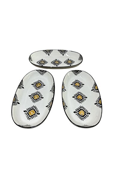 MTD SERAMİK 27 Cm Kilim Patterned Boat Plate - 3 Pieces