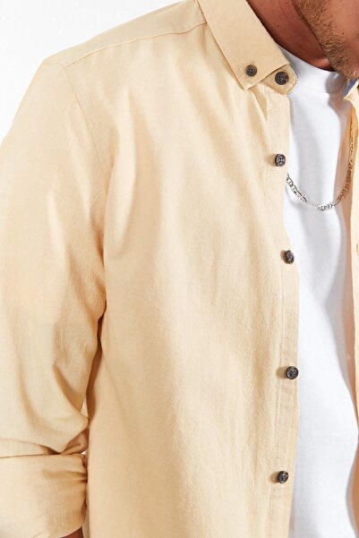 Manche Ανδρικό πουκάμισο Oxford Mustard - 100% βαμβάκι, λεπτή εφαρμογή, γιακάς με κουμπιά |   Me23s 116596 -6596