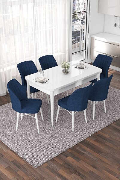 Canisa Nef Serisi, Beyaz 70x114 Açılabilir Mdf Yemek Odası Takımı, 6 Lacivert...