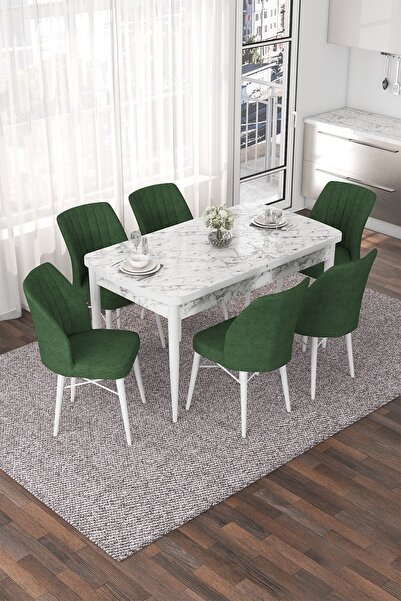 Canisa Nef Serisi 70x114 Açılabilir Mdf Beyaz Mermer Desen Masa Takımı Ve 6 H...