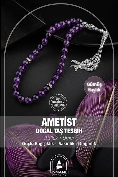 OSMANLI DOĞAL TAŞ 9mm Amethyst Natural Stone Silver Rosary