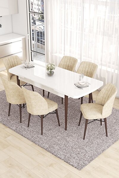Canisa Eva Serisi 80x132 Açılabilir MDF Mutfak Masası Takımı Beyaz Ceviz Masa 6 Krem Sandalye