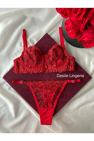 CES'Y LİNGERİE Red Lace and Underwire Embroidery Bra Set