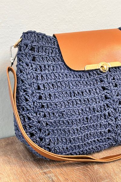 Uretti Özlem 3042 - Geantă tricotată cu frânghie de hârtie, albastru marin de 22 cm