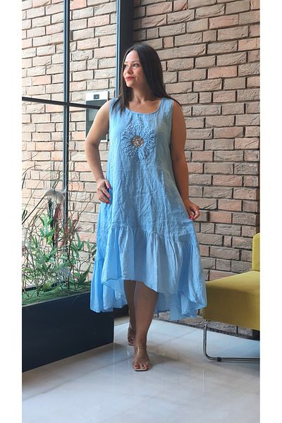 Park Moda 6293S Rochie din in, cu modele florale, model uni