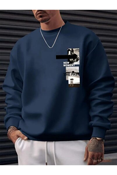 CAST COLLECTİON Hanorac pentru bărbați albastru bleumarin - New Moment The Post cu imprimeu, cu guler rotund