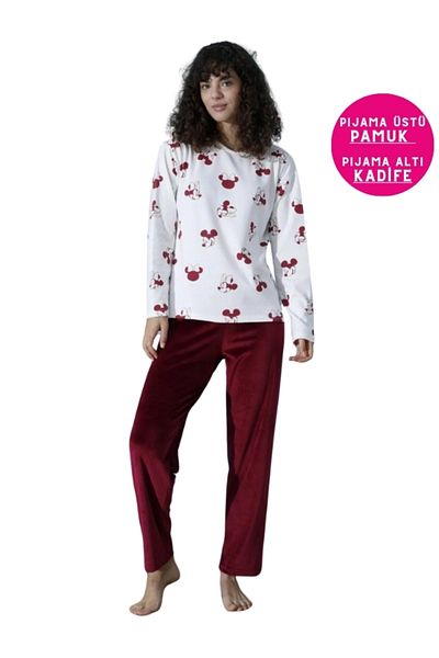 bie's Claret Red Cotton Interlock Winter Pajamas - Off Shoulder, Crew Neck, No Button, Long Sleeve