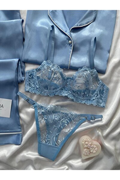 Lena Homewears Kadın Saten Düğmeli Moment 4'lü Pijama Takımı Çeyiz