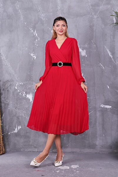 ZEYWEAR Piliseli Astarlı Kemer Detaylı Şifon Elbise