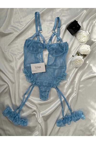 Lena Homewears Mavi Saten Kutulu 6 Parça Dev Gecelik Iç Giyim Çeyiz Seti