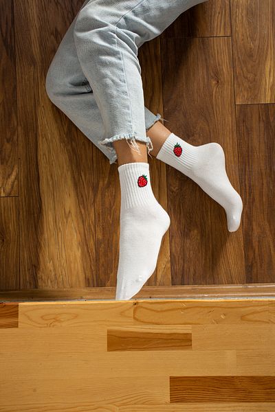 Socks Here White Strawberry Patterned Sports Socks