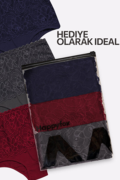 Happy Fox Set chiloți de damă din bumbac de lux cu talie înaltă - 3 piese burgundă-gri-albastru închis