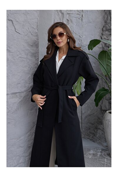 Elif Özbey Butik Black Premium Belted Epaulettes Trench Coat