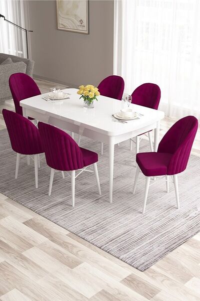 Canisa Ves Serisi 80x132 Mdf Siyah Mermer Desenli Masa 6 Lacivert Sandalye