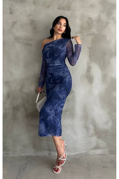 WoolnClyde Purple Polka Dot Detail - Tulle Sleeves and Lined Off-The-Shoulder Midi Women's Evening Dress
