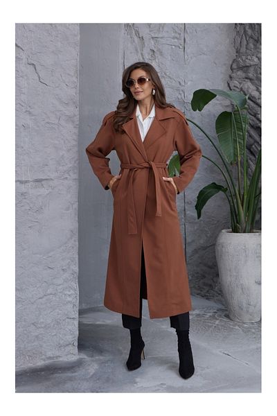 Elif Özbey Butik Trench cu umăr de culoare cafea premium cu epoleți și curea
