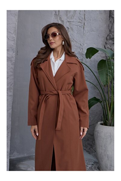 Elif Özbey Butik Prémiový hnědý příkop s ramenními nárameníky a páskem