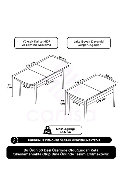 Canisa Beyaz 80x132 Açılabilir MDF Yemek Masası Ahşap Ayak