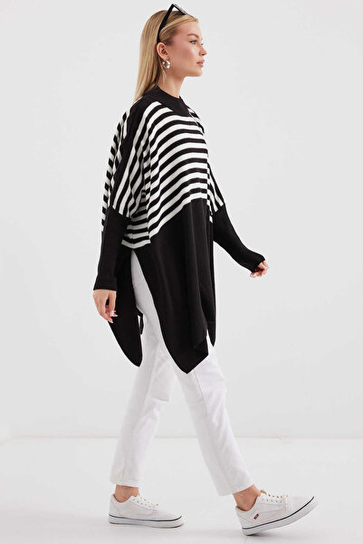 LE CARAMBOLE Black Cream Striped Oversize Slit Women's Poncho Sweater