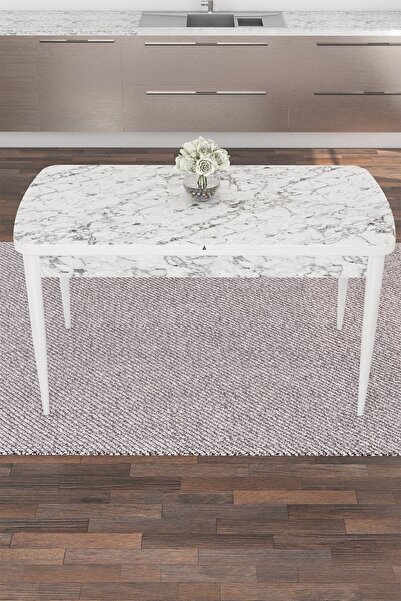 Canisa Eva Serisi 80x132 Açılabilir Mdf Mutfak Masası Takımı Beyaz Mermer Desen Masa 4 Füme Sandalye