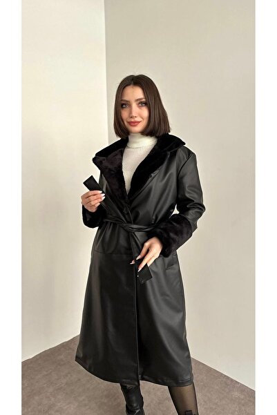 Stealle Yakası Ve Manşeti Kürklü Astarlı Ithal Şık Uzun Deri Trençkot