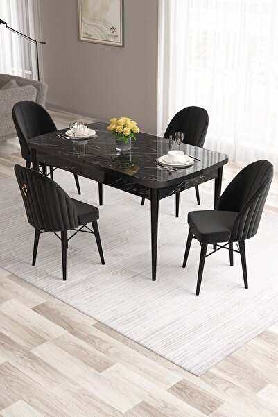 Canisa Roz Serisi 80x132 Mdf Açılabilir Siyah Mermer Desen Masası Takımı 4 Si...