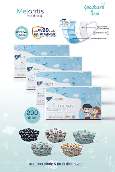 Melantis Medikal Meltblownlu 3 Katlı Telli Cerrahi Maske Erkek Çocuk 4 Kutu =...