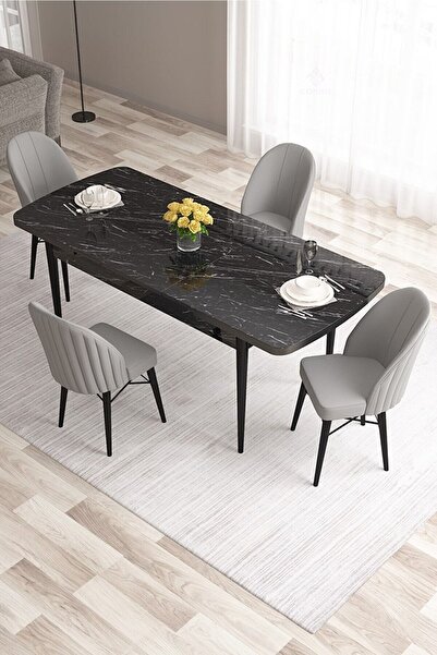 Canisa Ves Serisi 80x132 Açılabilir Mdf Mutfak Masası Takımı Siyah Mermer Desen Masa 4 Gri Sandalye