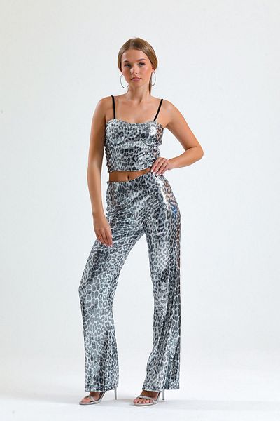 Sense Wide Leg Sequin Trousers |   Pnt32440 Black and White Snake Des.