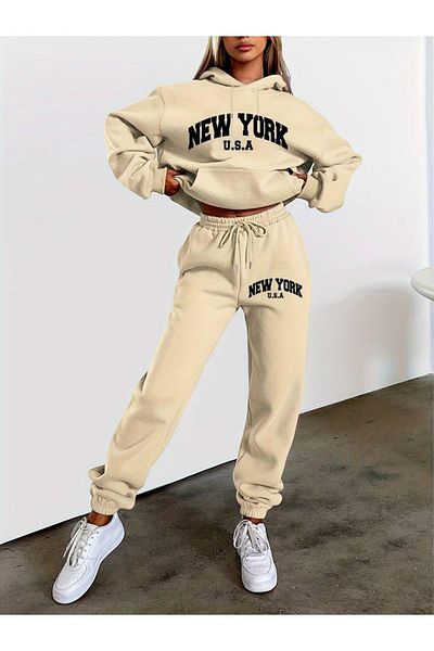CAST COLLECTİON Σετ γυναικεία φόρμα New York σε μπεζ χρώμα